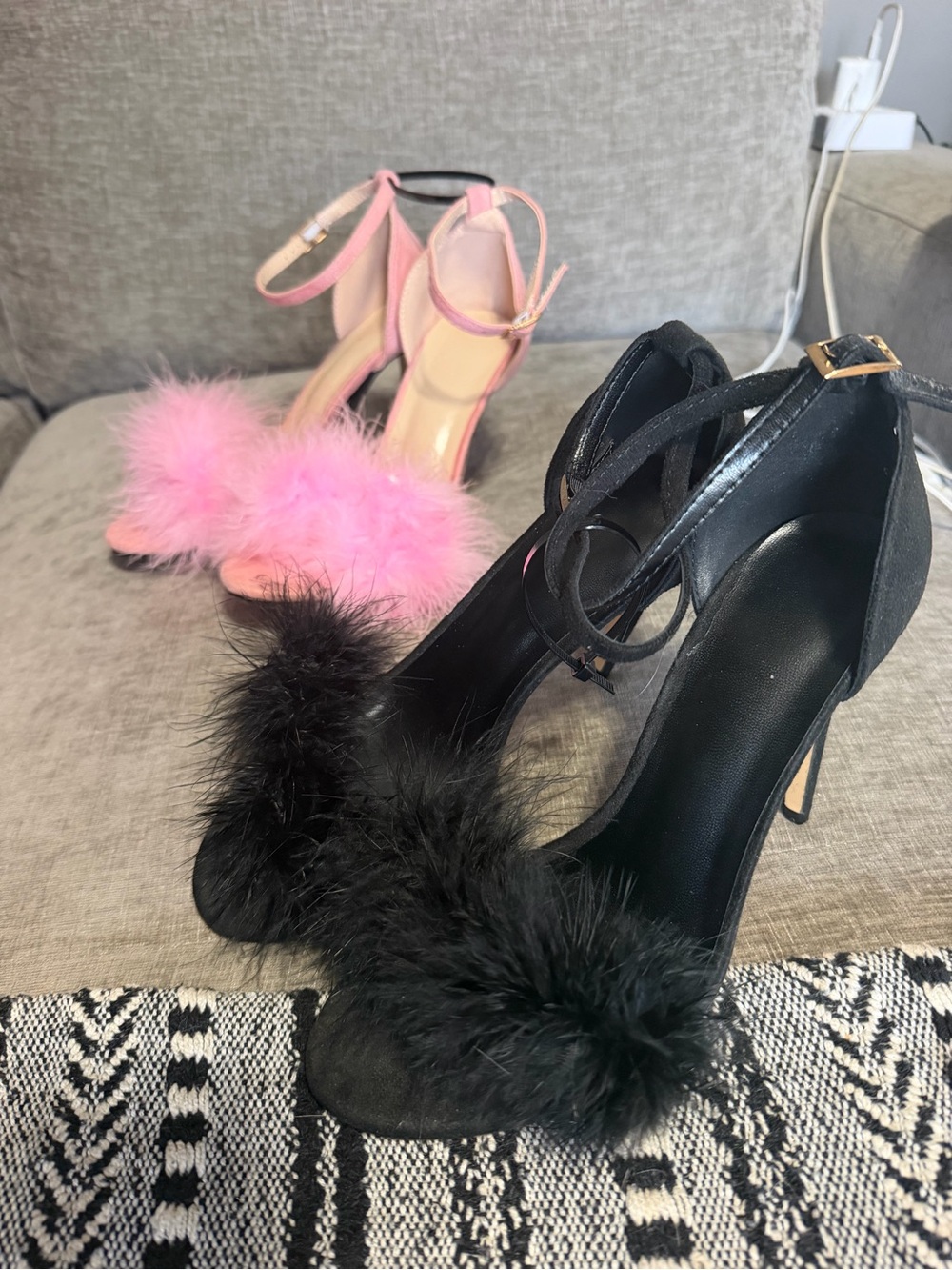 Women’s Black Feathered Ankle-Strap Heels size 8.5
